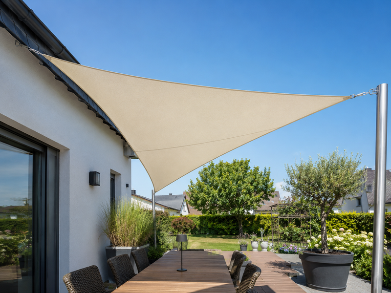 Dreieckiges Sonnensegel aus AIRTEX® TOP nach Maß, mit Edelstahl-D-Ringen an einem Haus über einer Terrasse gespannt