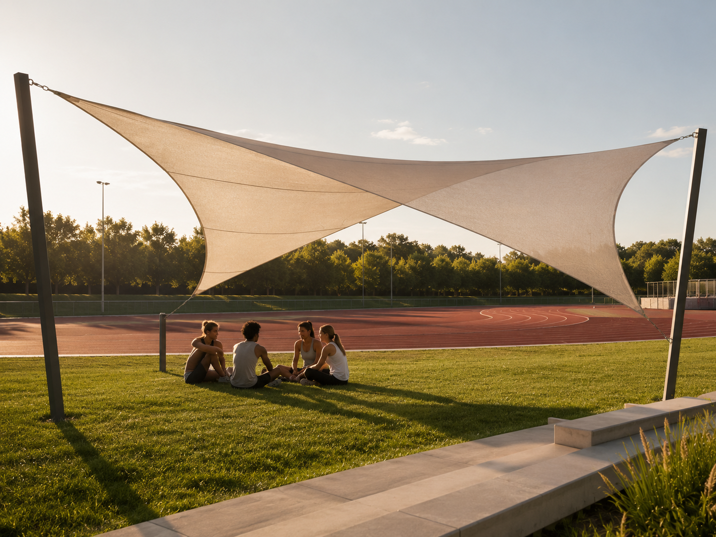 Quadratisches Sonnensegel auf einem Sportplatz mit Menschen darunter