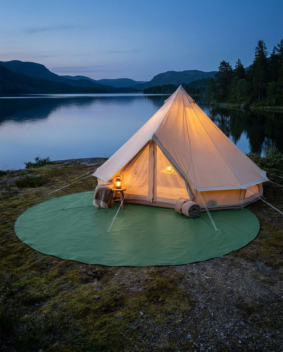 Runde Bodenplane : Zeltunterlage | PVC 600g, Schnittkante an einem See mit einen Pavillon