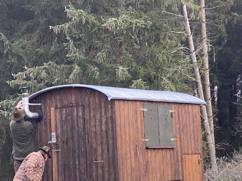 Bauwagen aus Holz auf einer Lichtung im Wald. Dach Baumhaus aus Holz im Wald. Dach ist abgedeckt mit grauer Abdeckplane.