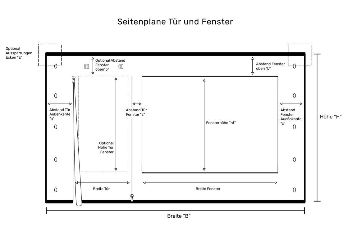 Zeichnung mit Optionen zu Terrassenplanen mit Tür und Fenster von ES-Planen.