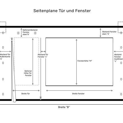 Zeichnung mit Optionen zu Terrassenplanen mit Tür und Fenster von ES-Planen.